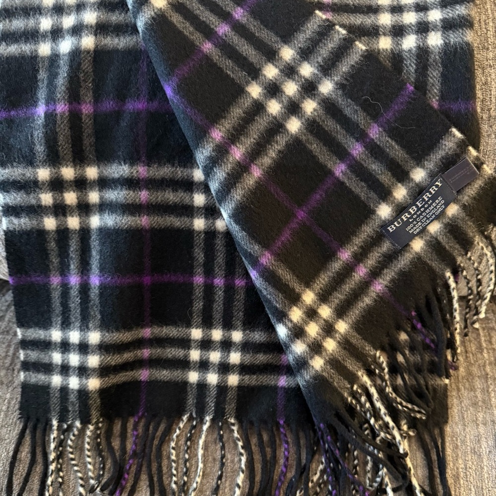 Burberry Black and Purple Checkered Cashmere Scarf